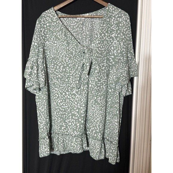 Moa Moa 3X Green White Animal Print Artsy‎ Boho Blouse Flutter Sleeve Tie Front - Picture 5 of 9